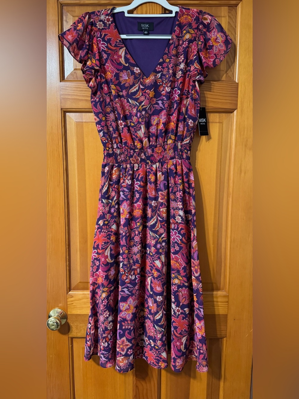 MSK Purple Floral V-Neck Casual Dress with Pink & Orange Accents